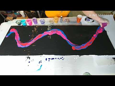 Acrylic pouring: Wave Dutch pour on black background, blow technique Fluid Art