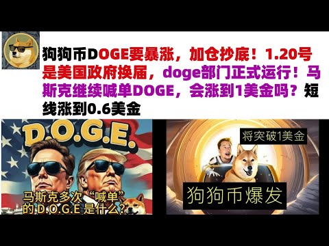 狗狗币DOGE要暴涨，加仓抄底！1.20号是美国政府换届，doge部门正式运行！马斯克继续喊单DOGE，会涨到1美金吗？短线涨到0.6美金#DOGE币#马斯克狗狗币#DOGE行情分析