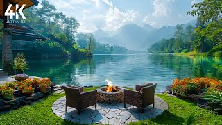 Unwind Morning Ambience🌿4K ASMR - Campfire Sound, Birdsong by the Lakeside for Relaxing, Meditation