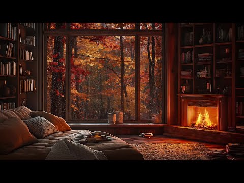 Relaxing Autumn Cozy Cabin Ambience Escape 🍂 | Smooth Jazz, Rain, and Fireplace Ambience