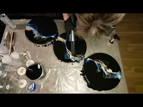 158. beautiful black/blue/gold triptych. #abstract #art #acrylic #pouring #dutchpour #diy