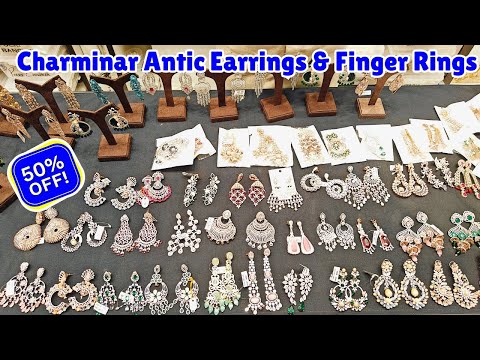 Flat 50% OFF Antic Diamond Stone CZ Gold Poolish Designer Ear Rings & Finger Rings Charminar Hyd