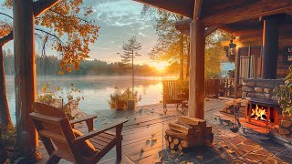 Cozy Autumn Morning Ambience With Nature Sounds for Sleep,Lake Waves & Warm Cabin by Fireplace Relax