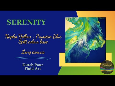 {15} 'Serenity' 💙💚💛 ~ Naples Yellow-Prussian Blue split colour base ~ Long canvas ~ Dutch Pour