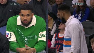 Karl-Anthony Towns changes out of Eagles shirt in Philly at halftime 🤣 | NBA on ESPN