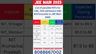 List of possible NITs for CSE , ECE admission with 85 Percentile in JEE Main 2025 #jeemain2025