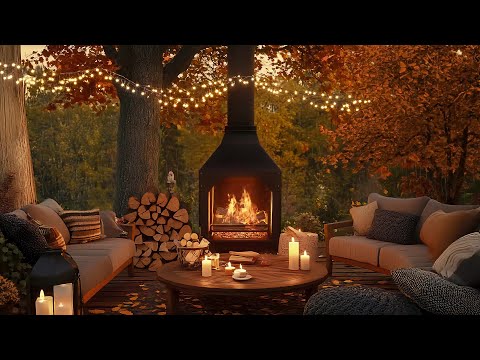 Autumn Evening Cozy Porch Ambience 🍁 Jazz & Crackling Fire for Peaceful Sleep