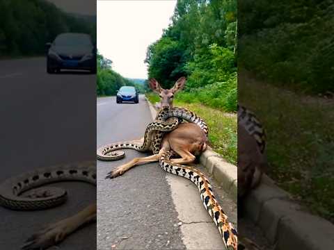 🐍 Snake Vs 🦌 deer | snake attacked the deer on the road AI #new #facts #deer #snake #animals