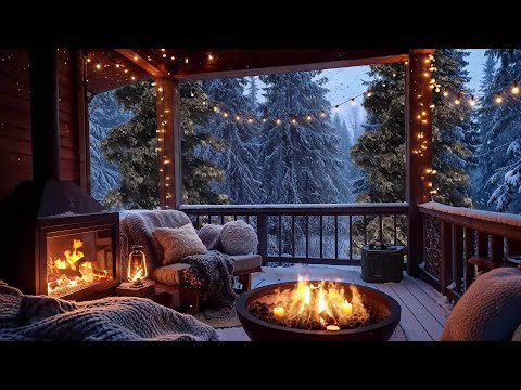 Snowfall Serenity ❄️ Relax on a Winter Porch with Jazz and Crackling Fire Sounds