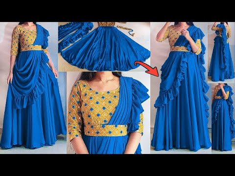 Saree style dress cutting & stitching/party wear dress/readymade style frock/gown cutting stitching