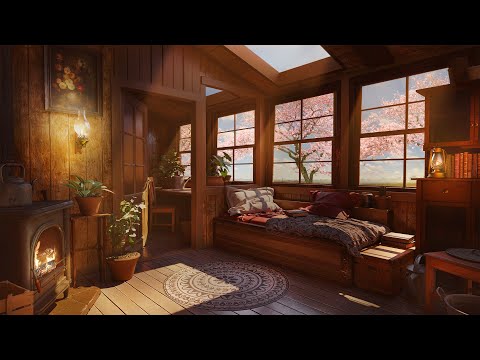 Spring Nook Ambience - Springtime Relaxing Bird Sounds with Crackling Fireplace