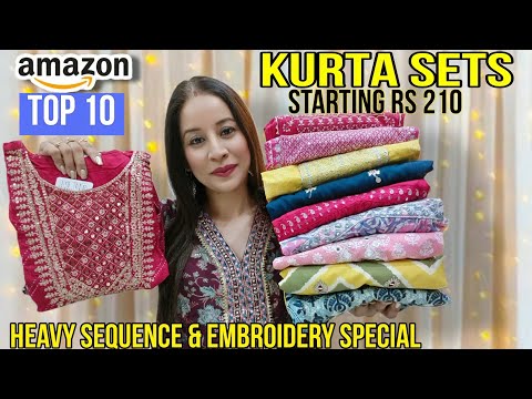 Top 10 Kurti/Kurta Set Haul Starting 210✨Amazon Heavy Sequence & Embroidered Kurta Set Haul