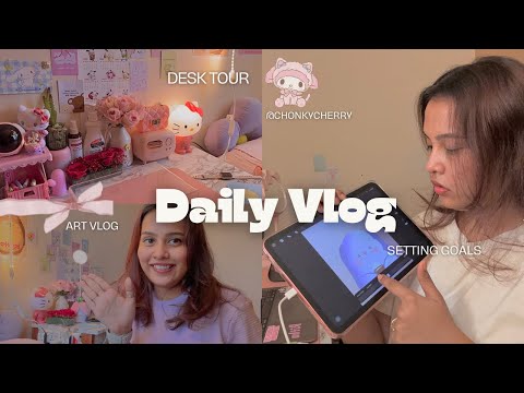 Aesthetic desk tour 🎧 Art vlog:1, 30 days art challenge 🖌️🖼️ Setting goals 🇮🇳