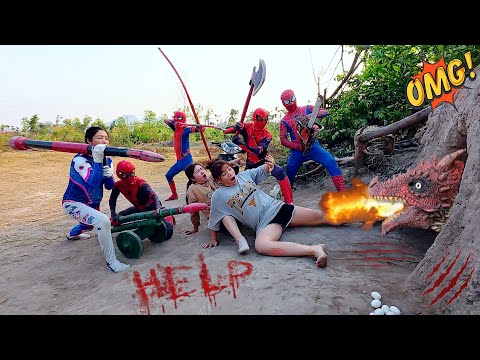 Crazy, 5 brave Spider-Man use heavy weapons to destroy the ferocious fire dragon to save the girl