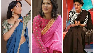 Plain saree with printed blouse designs || Plain saree styling with printed blouse ideas