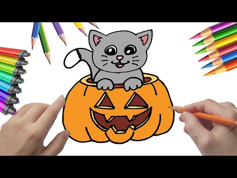 Dibujo kawaii de gatito dentro de una calabaza