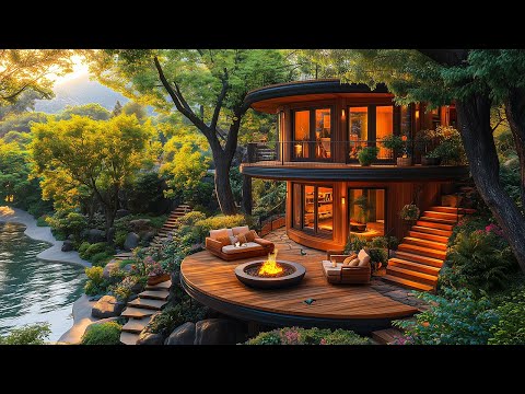 Serene Lakeside Retreat 🎶 Morning Cafe Ambience in Forest with Smooth Jazz  Music to Lift Your Mood