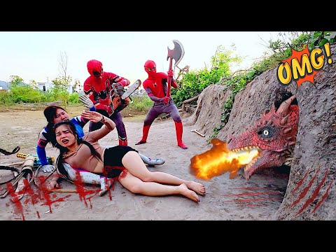 The brave Spider-Man squad use chainsaw to destroy the ferocious fire dragon to save ethnic girl