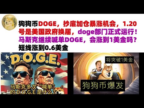 狗狗币DOGE，抄底加仓暴涨机会，1.20号是美国政府换届，doge部门正式运行！马斯克继续喊单DOGE，会涨到1美金吗？短线涨到0.6美金#DOGE币#马斯克狗狗币#DOGE行情分析