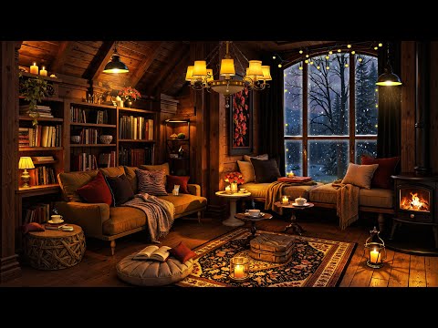 Cozy Winter Reading Nook & Soft Jazz Music ☕📖 Snowfall & Crackling Fireplace to Stress Relief, Relax