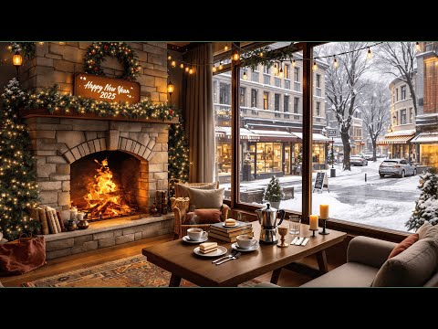 New Year's Ambience 🥳🎊 Cozy Winter Coffee Shop with Relaxing Jazz Music & Fireplace for Study, Relax