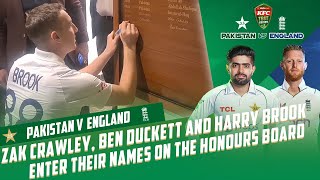 Zak Crawley, Ben Duckett and Harry Brook enter their names on the Rawalpindi Stadium honours Board