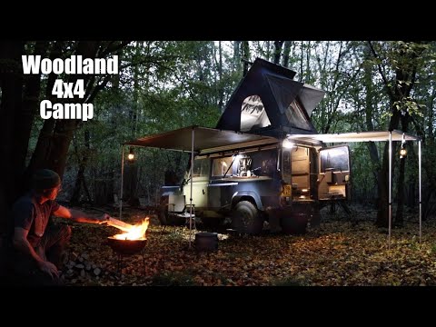 Off-road Land Rover Woodland Camp. 4x4 Truck Camping. Roof Top Tent. Cheese  Fondue. Kadai Fire Bowl