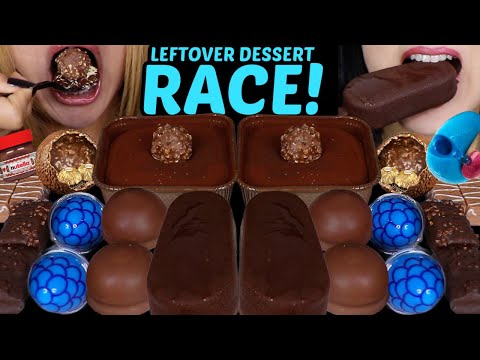 ASMR LEFTOVER DESSERT RACE! FERRERO TIRAMISU CAKE, BIG CHOCOLATE ICE CREAM BAR, BLUE RASPBERRY GUMMY