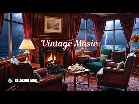 1940s Cozy Night with Oldies Playing in Another Room [fireplace, rain, thunderstorm]