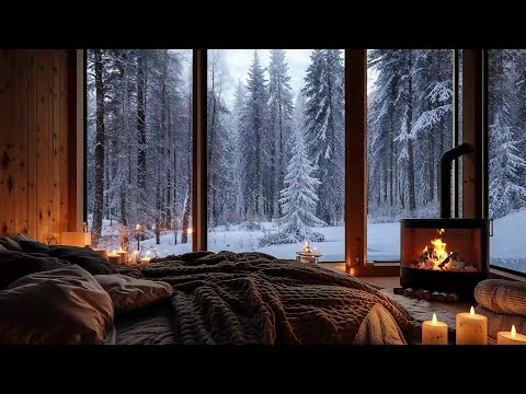 Beautiful Jazz Music with Fireplace Sounds, Blizzard,  "Cozy Cabin Ambience" for Relaxation ❄️