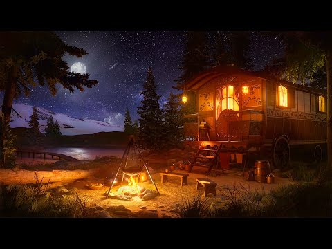 Rustic Caravan Ambience Part II - Campfire by the Lake with Nature Sounds at Night for Relaxation