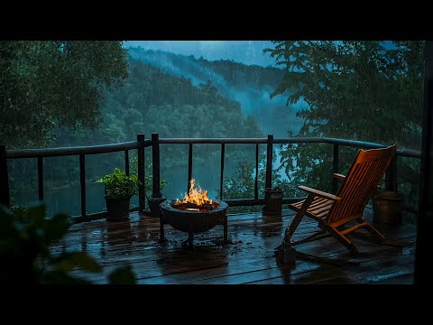 Extreme Thunder & Rain On Balcony with Fire Pit Sounds ⛈ Help Sleep, Study & Relaxation, Meditation