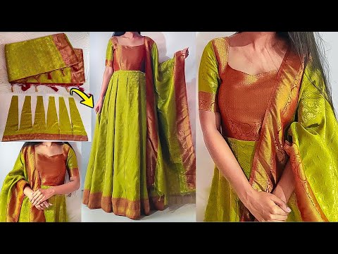 Convert Saree into Anarkali dress with duppatta | Anarkali dress cutting & stitching for beginners