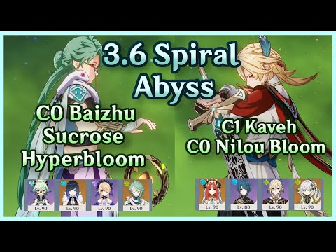 F2P C0 Baizhu Sucrose Hyperbloom + C1 Kaveh C0 Nilou Bloom | 3.6 Spiral Abyss | Floor 12 Continuous