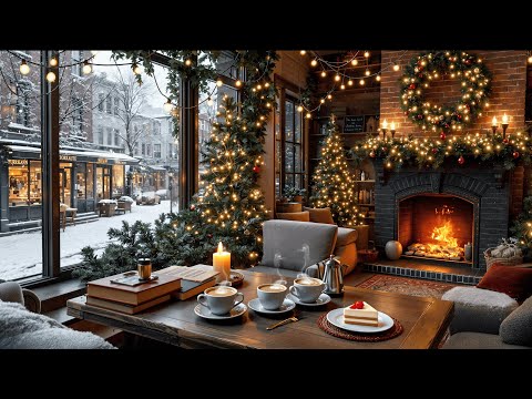 Winter Coffee Shop Ambience with Smooth Jazz Music ❄️Christmas Jazz & Crackling Fireplace for Relax