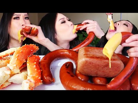 TRYING POPULAR CHEESE DIP FOOD BIG BITES| KING CRAB + KIELBASA SAUSAGE + SPAM