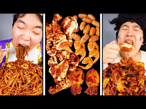 ASMR MUKBANG| Seafood Fire spicy Black bean Mushrooms ☆ Green onion kimchi, Seasoned Chicken Sausage