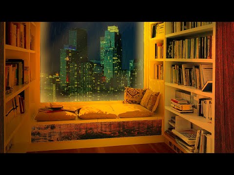 Cozy Bedroom Jazz Music, Beautiful View of the City from Apartment with a lot of Books