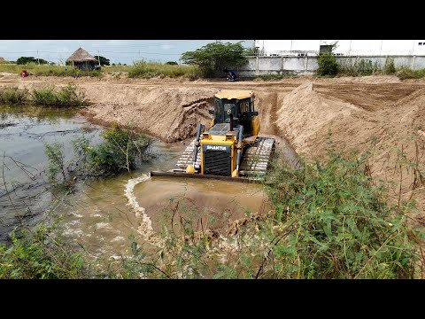 Big Sand Filling Continue Process Bulldozer Pushing Sand Vs Dongfeng Dump Truck Unloading Sand