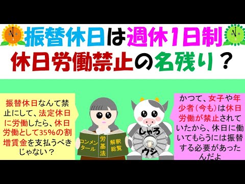 振替休日は週休1日制、女性の休日労働禁止の名残り、労基法成立当初は、週48時間、週6日労働、女性の休日労働は禁止であった。法定休日を日曜日にすると、日曜日の展示会に、女性は勤務できない弊害があった