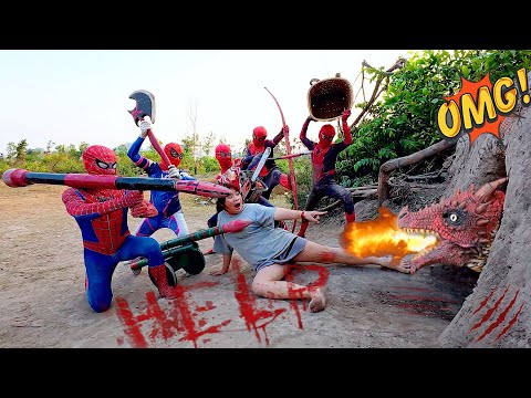 Crazy, 5 brave Spider-Man use heavy weapons destroy 2 ferocious fire dragon to save the girl