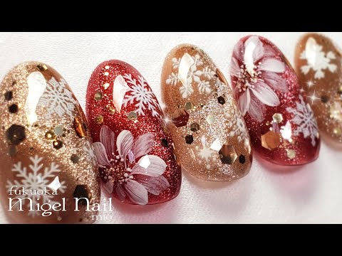 クリスマスフラワー雪の結晶ネイル ☆ Christmas flowers & Snowflakes nail