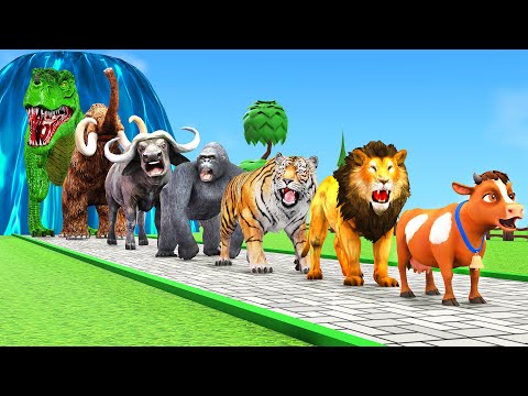 Paint Animals Lion Tiger Gorilla Cow Elephant Fountain Crossing Animal Cartoon