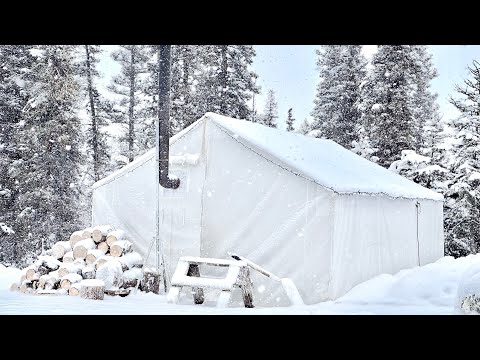 -30C WINTER CAMPING ALONE in a HOT TENT *HEAVY SNOWFALL BLIZZARD*