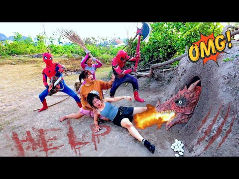 The brave Spider-Man squad use chainsaw to destroy the ferocious fire dragon to save the girl