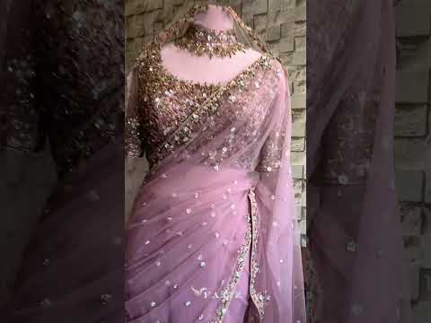 Pastel tulle saree embellished with floral stones and buttis with embellished choker neck choli