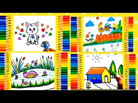 How To Draw Cat 😺 Lion 🦁 Duck 🦆Hen House 🏡Rat Mermaid  Flowers🌺 For kids. #kidsdrawing ,@lovuart .