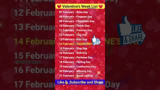 Valentine's week list 2024 || Valentine's day || वैलेंटाइन डे || February Love days #shorts #love