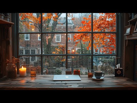 Rainy Autumn Day🍁Cozy Autumn Coffee Shop Ambience  Rain Sounds & Distant Thunder for Relaxing, Focus