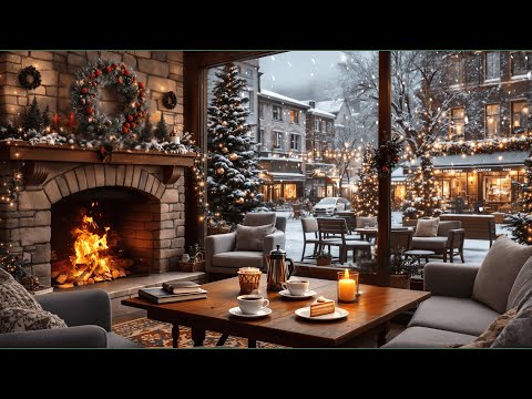 Cozy Winter Coffee Shop Ambience with Relaxing Christmas Jazz 🎄☕🧣 Snowfall & Fireplace Ambience 4K